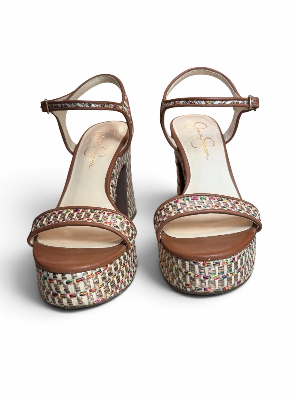 Jessica Simpson Multicolor Woven Platform Sandals with Brown Trim - Picture 12 of 15